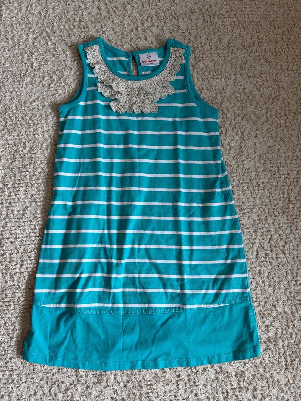 Girls' Teal and White Striped Sleeveless Dress with Lace Collar
